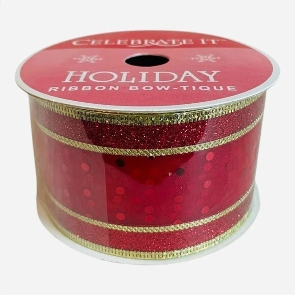 Celebrate It Red Gold Dot Wired Holiday Ribbon 2.5
